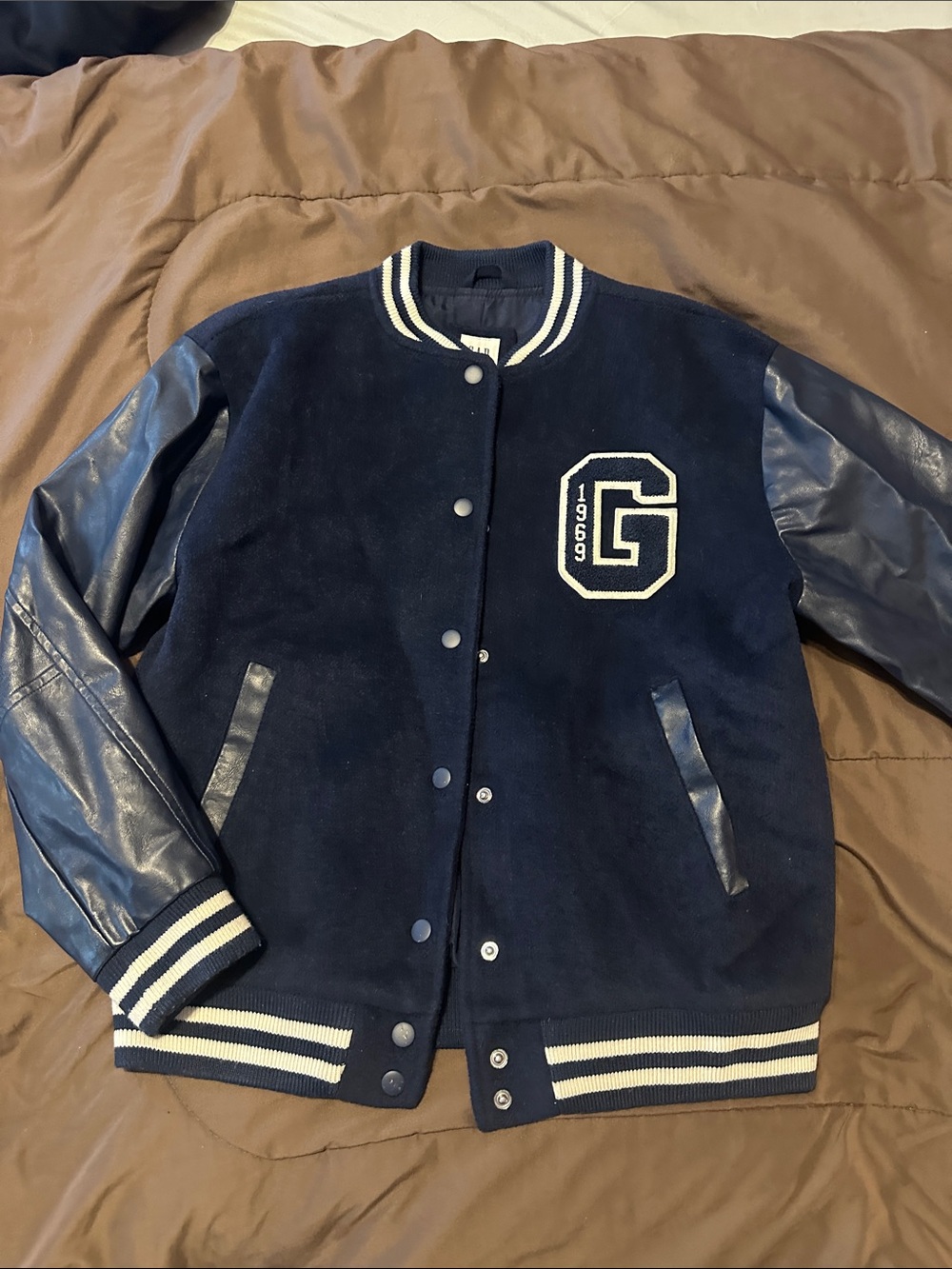 GAP Navy Blue Varsity Jacket with Leather-Look Sleeves